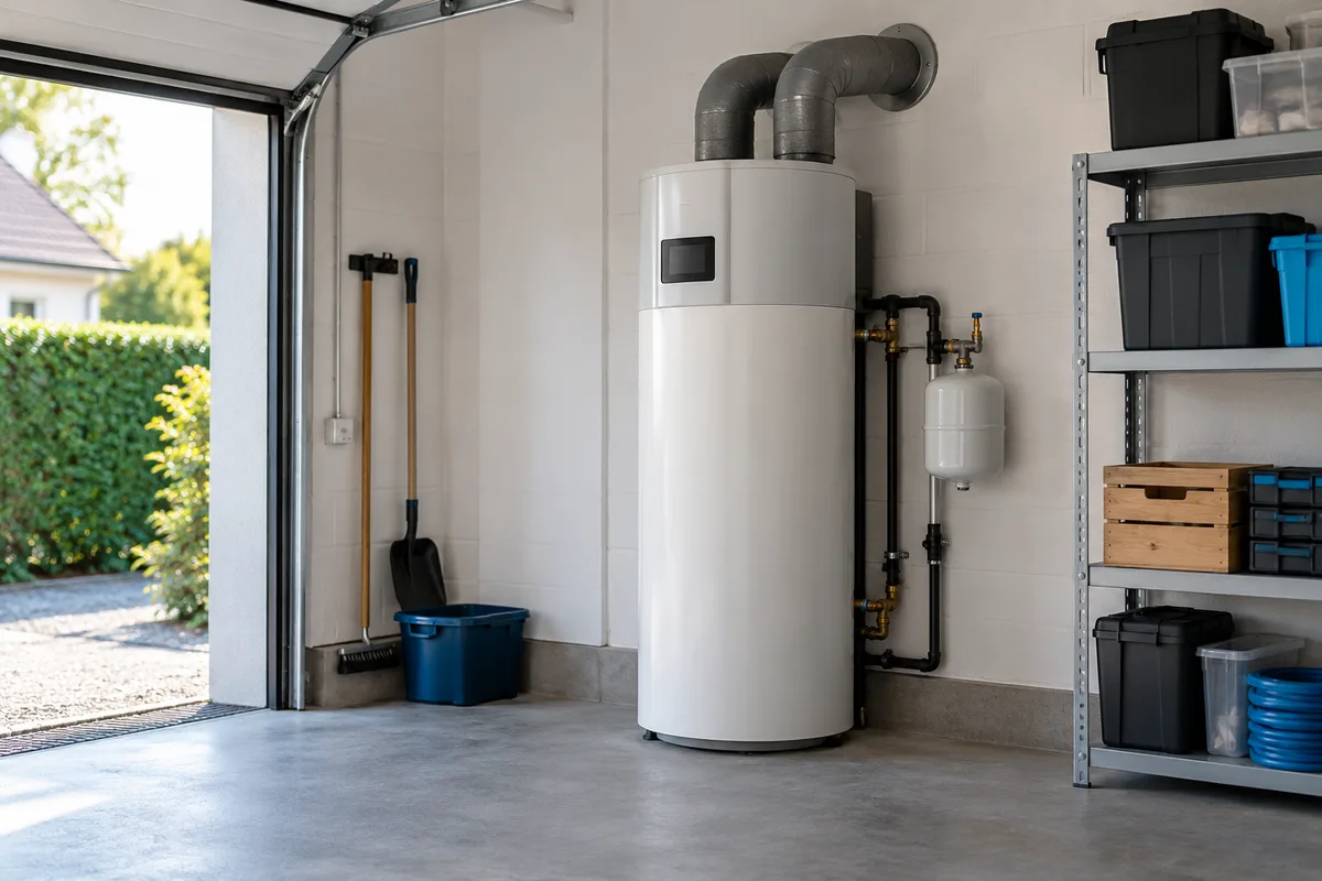 Ballon thermodynamique dans un coin de garage avec ses gaines
