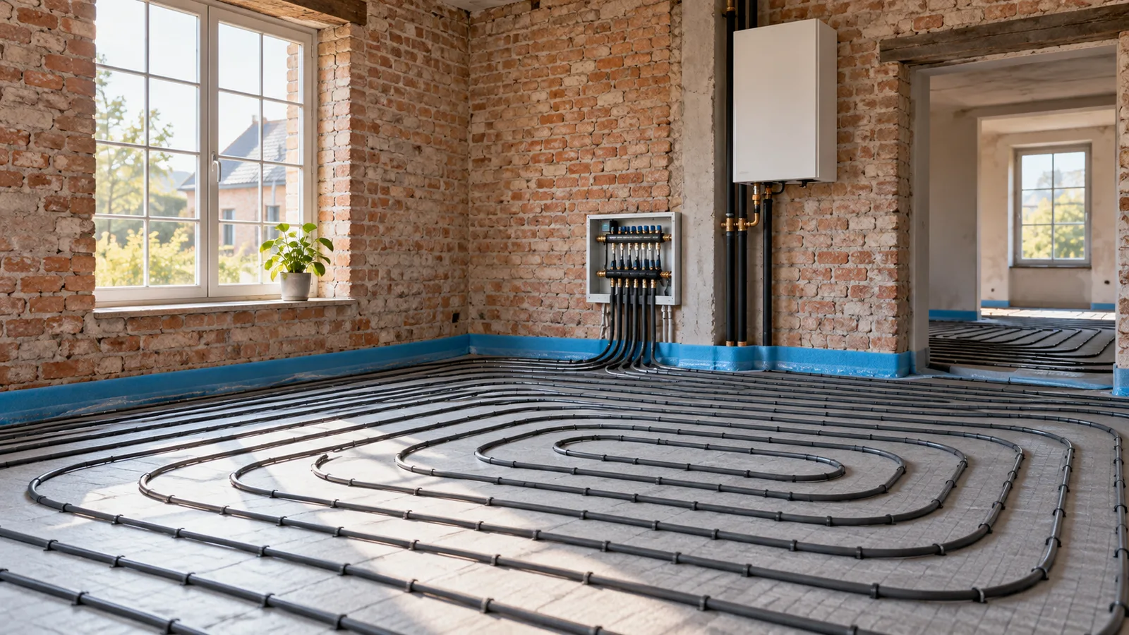 Tubes de chauffage au sol posés en serpentin dans une pièce en rénovation
