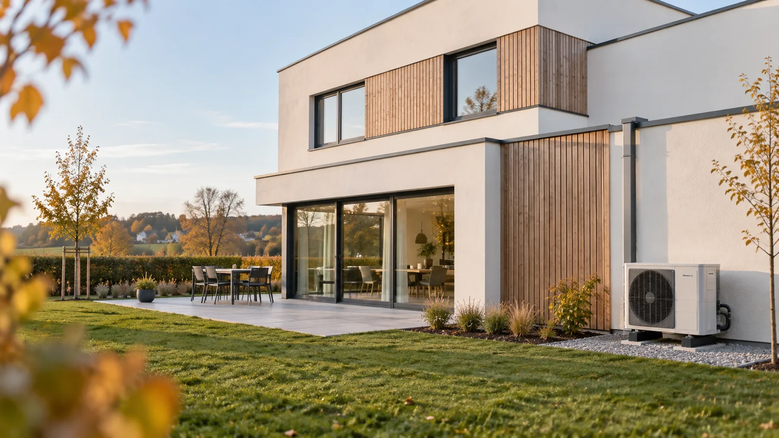 Maison neuve moderne avec unité extérieure de pompe à chaleur discrète