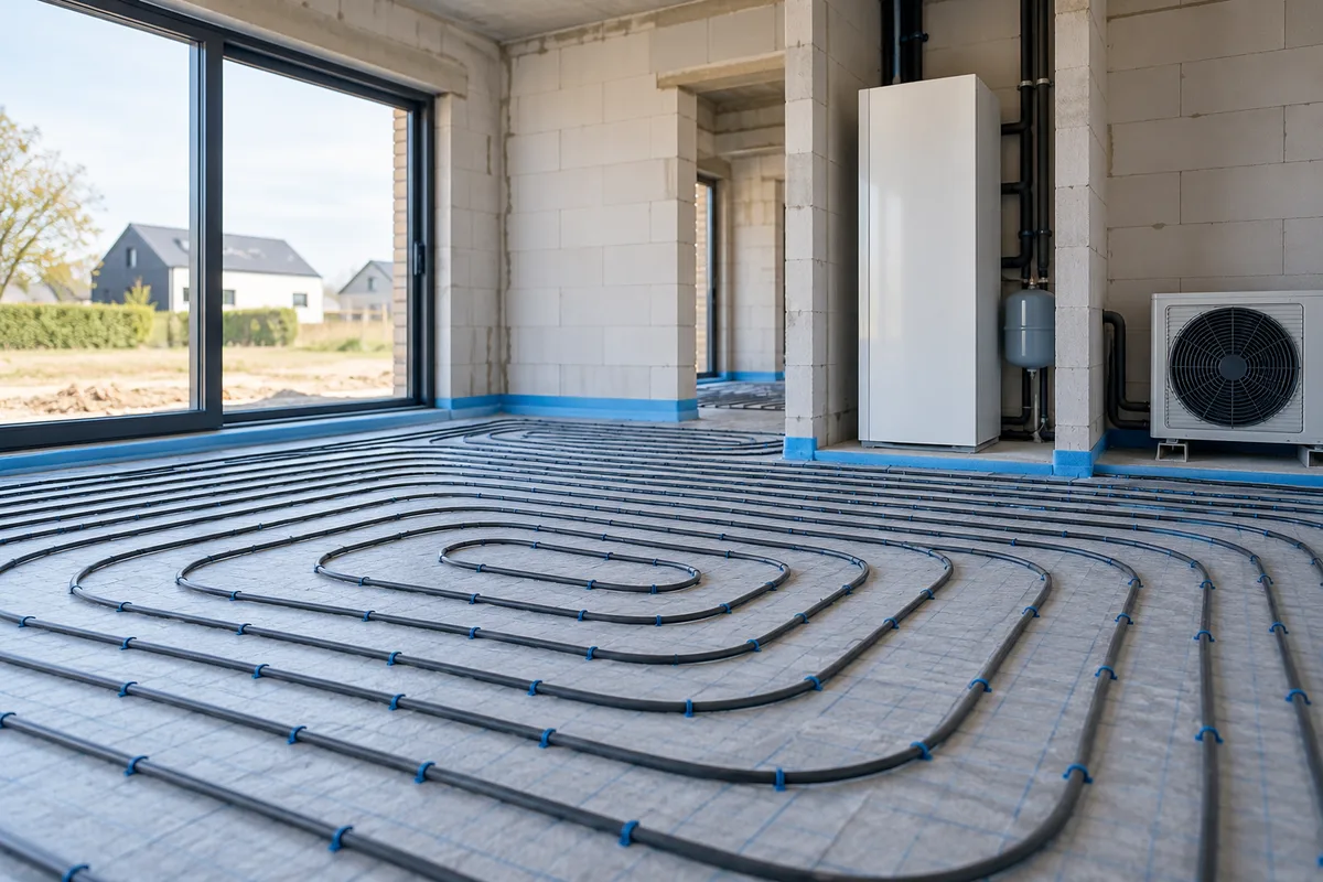 Tubes de chauffage au sol posés dans une maison neuve avant la chape
