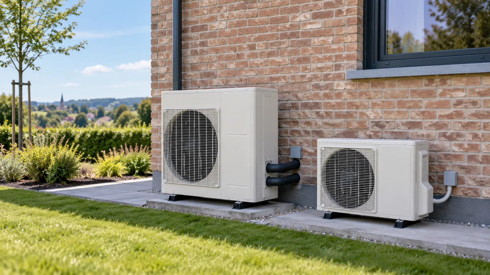 Deux unités extérieures de tailles différentes : pompe à chaleur air-eau et climatisation air-air