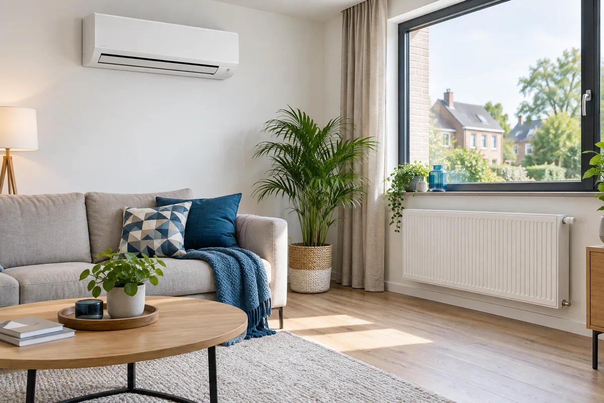 Salon avec un split mural et un radiateur sous la fenêtre