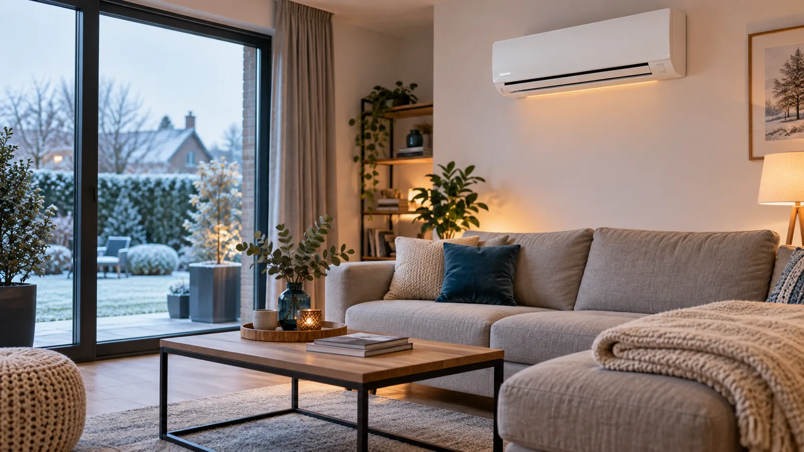 Climatiseur mural dans un salon chaleureux en hiver