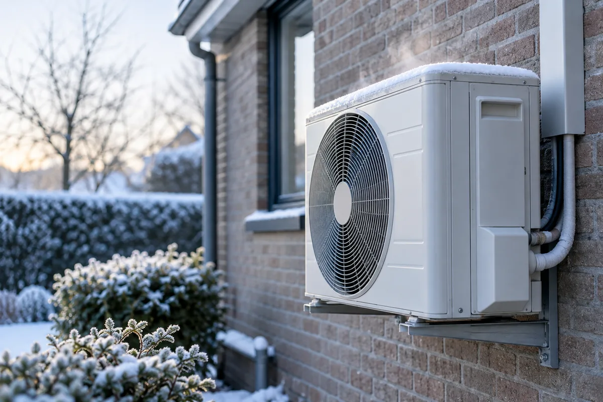 Unité extérieure de climatisation légèrement givrée en hiver