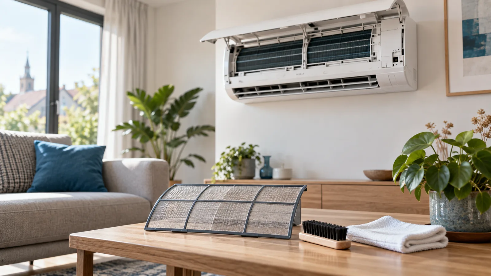 Climatiseur mural dont le filtre a été déposé pour l'entretien