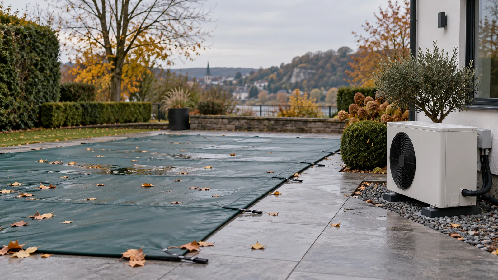 Piscine bâchée pour l'hiver avec sa pompe à chaleur à l'arrêt
