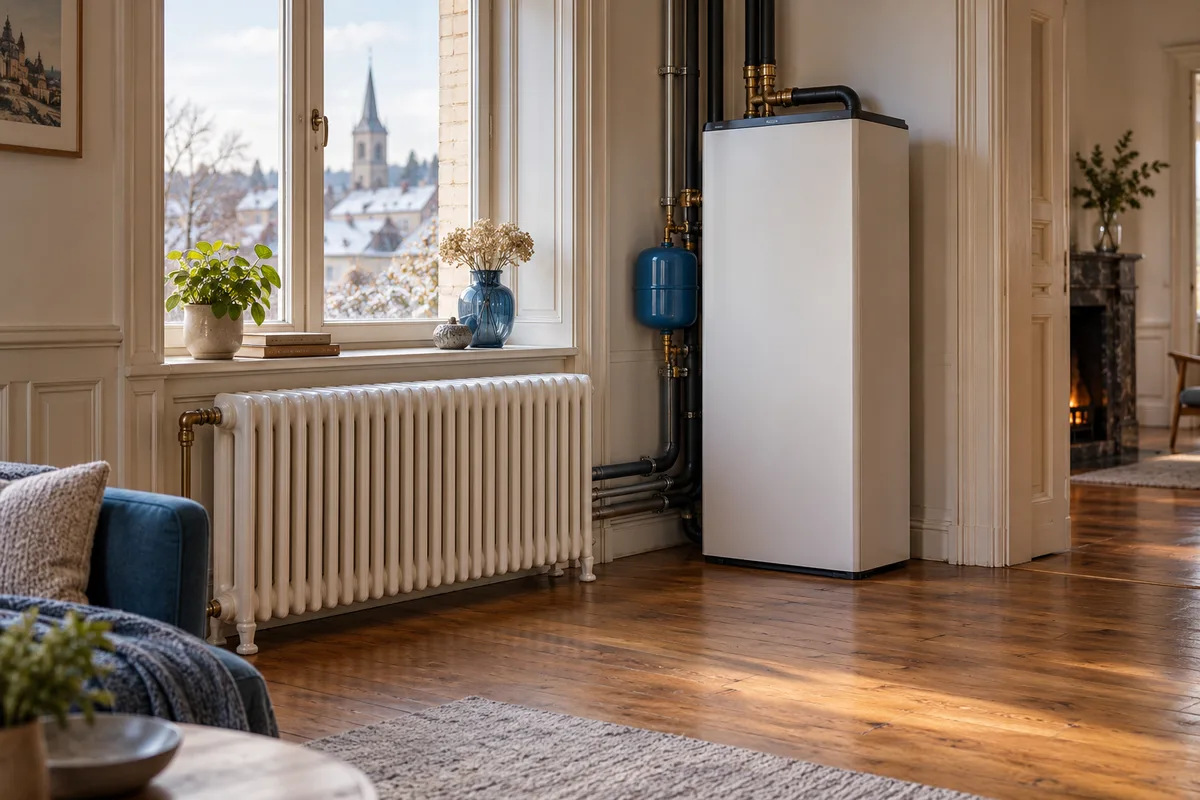 Radiateur en fonte repeint dans une pièce de maison ancienne