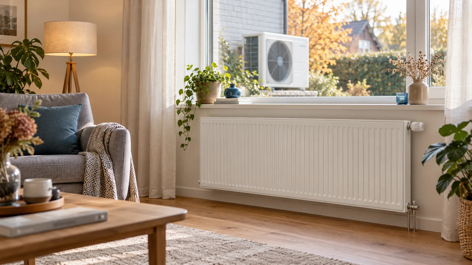 Radiateur panneau blanc sous une fenêtre dans un salon