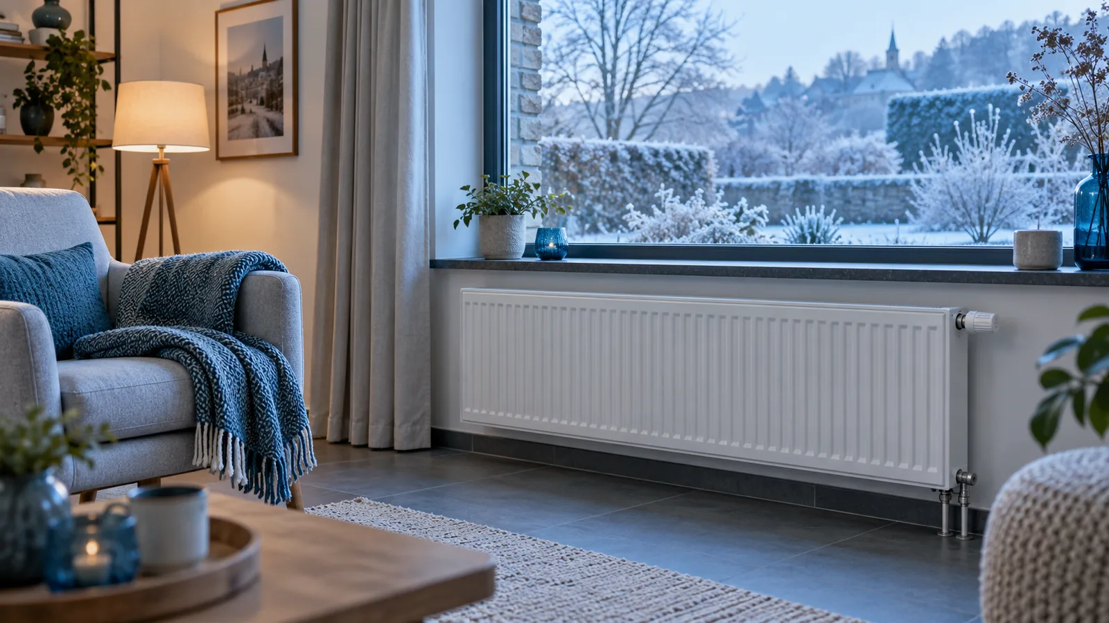 Radiateur dans un salon frais un matin d'hiver