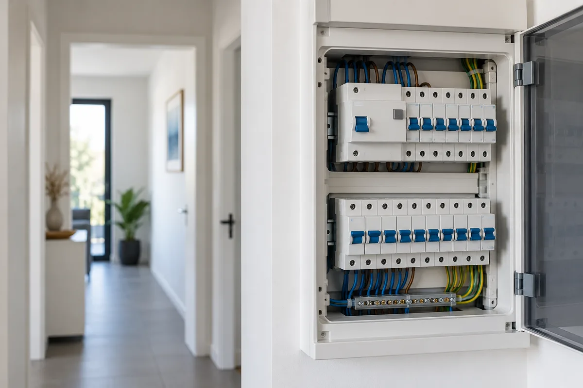 Tableau électrique ouvert avec ses disjoncteurs alignés
