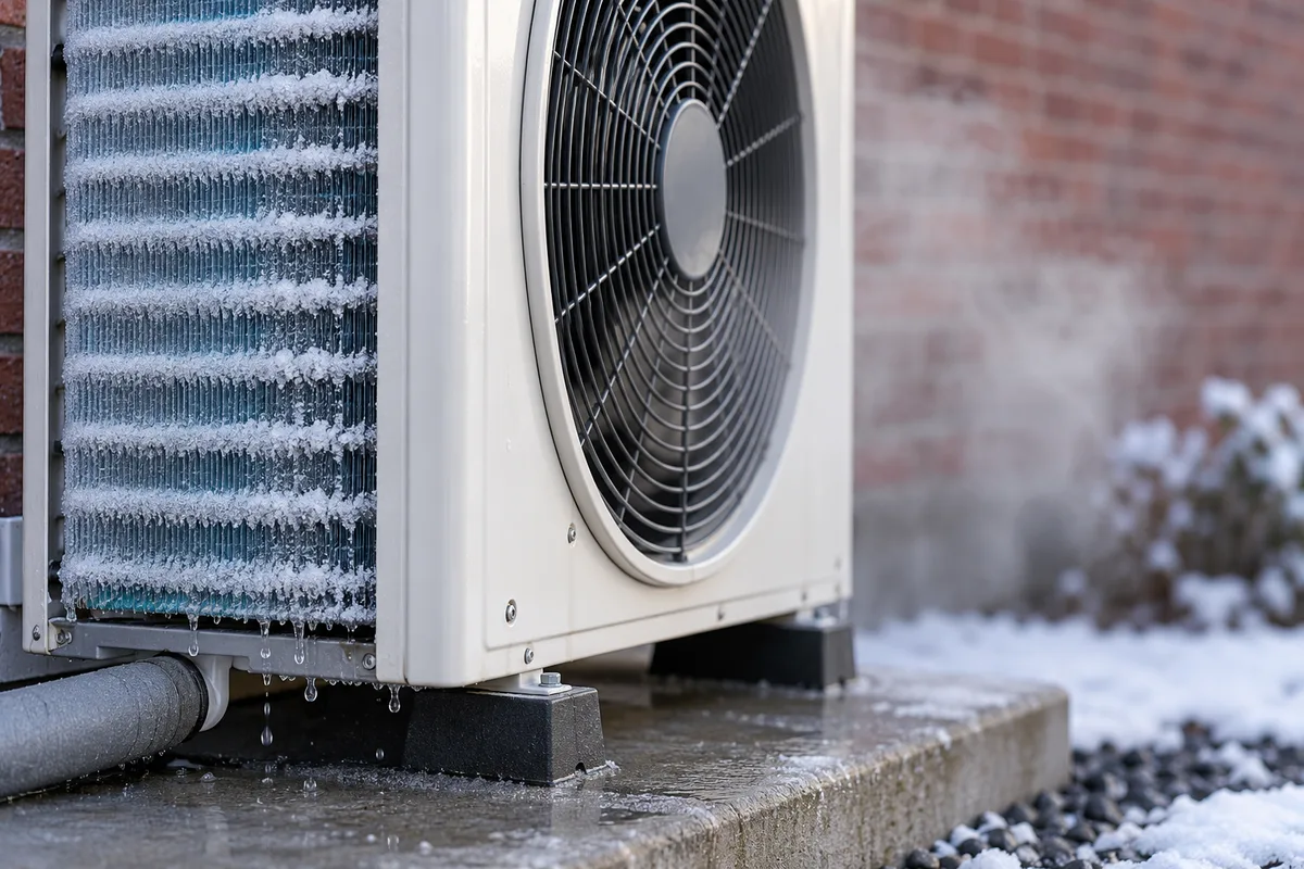 Gros plan sur l'échangeur givré d'une pompe à chaleur air-eau pendant un cycle de dégivrage