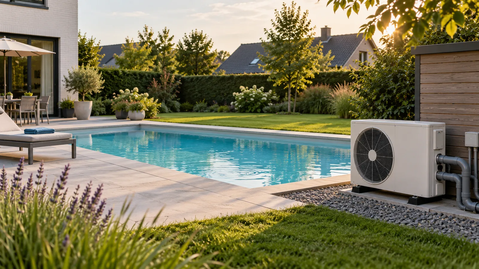 Piscine enterrée et pompe à chaleur de piscine dans un jardin