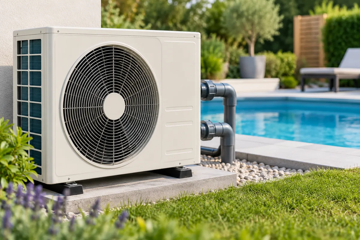 Pompe à chaleur de piscine raccordée par des tuyaux PVC