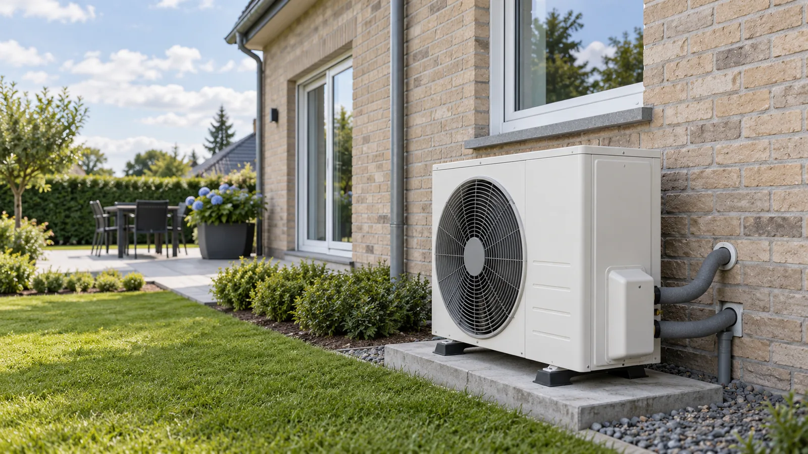 Unité extérieure d'une pompe à chaleur air-eau installée contre la façade en brique d'une maison à Sambreville