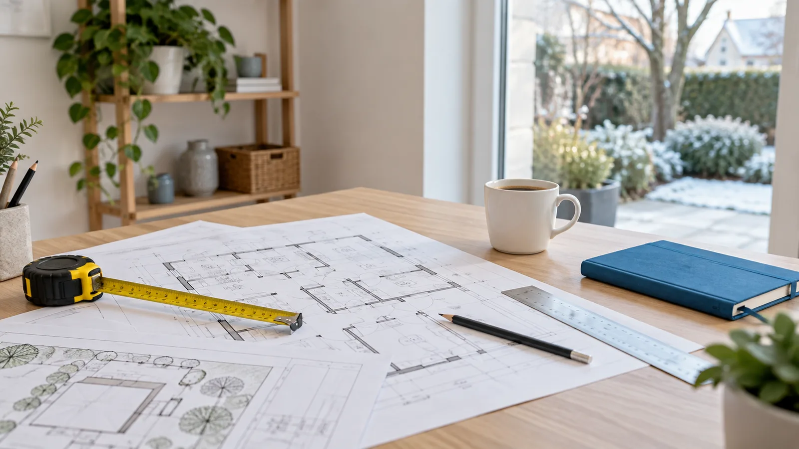 Plans de maison, mètre ruban et crayon sur une table pour préparer un projet de chauffage