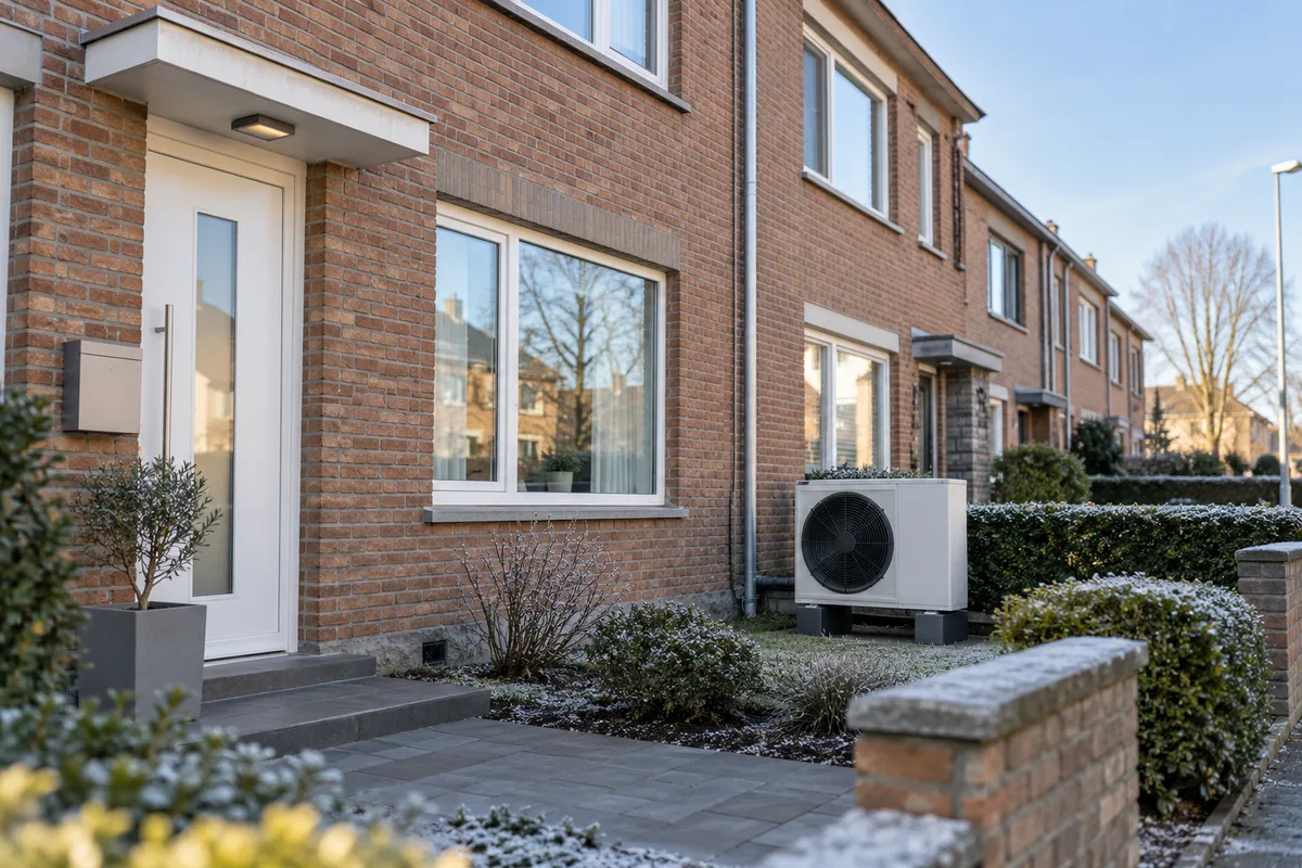 Façade d'une maison mitoyenne en brique avant un projet de chauffage