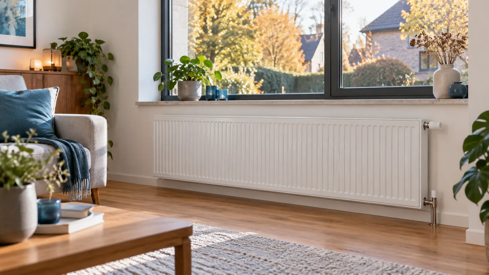Radiateur panneau blanc large sous une fenêtre