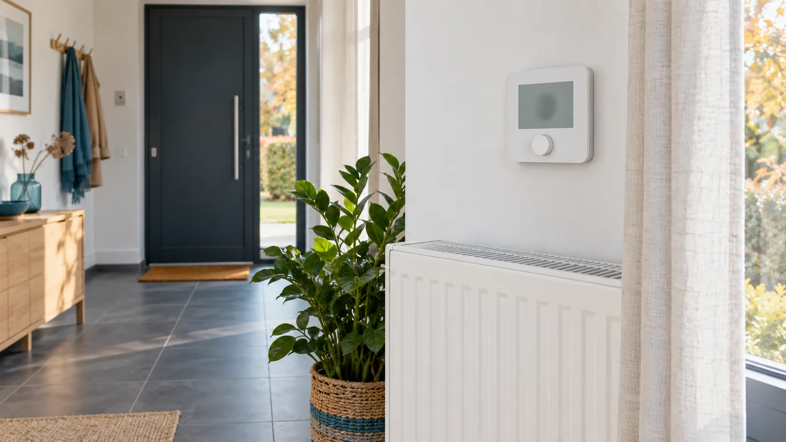 Thermostat d'ambiance mural à côté d'un radiateur