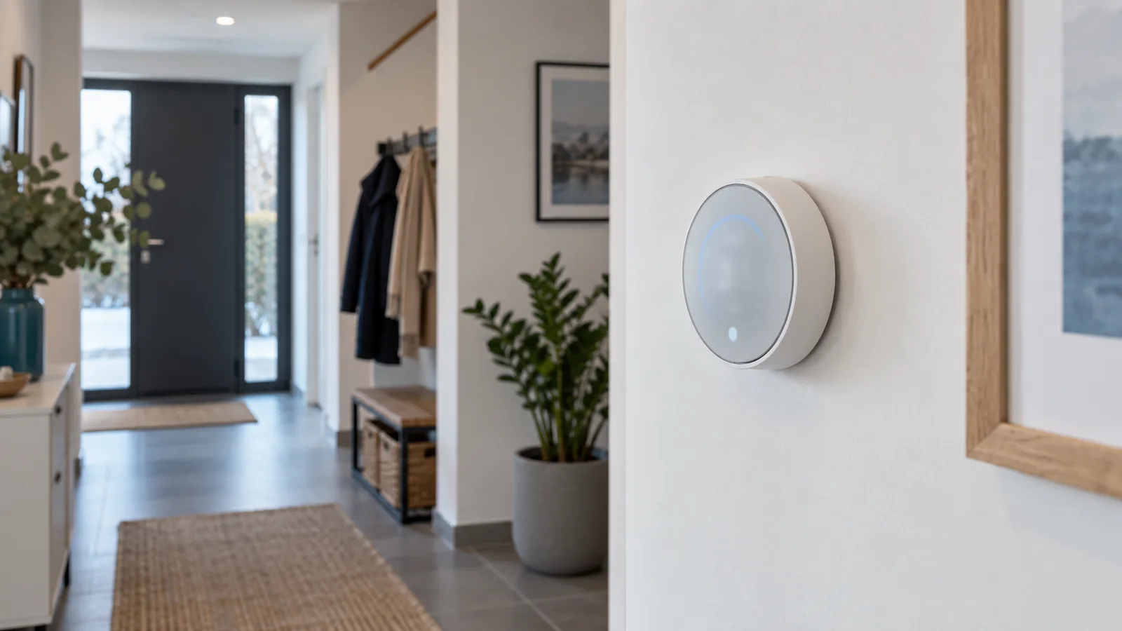 Thermostat connecté rond fixé au mur d'un couloir