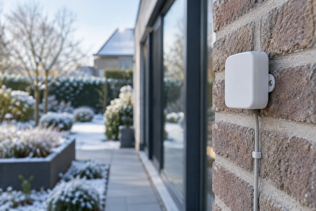 Sonde de température extérieure fixée sur un mur de brique