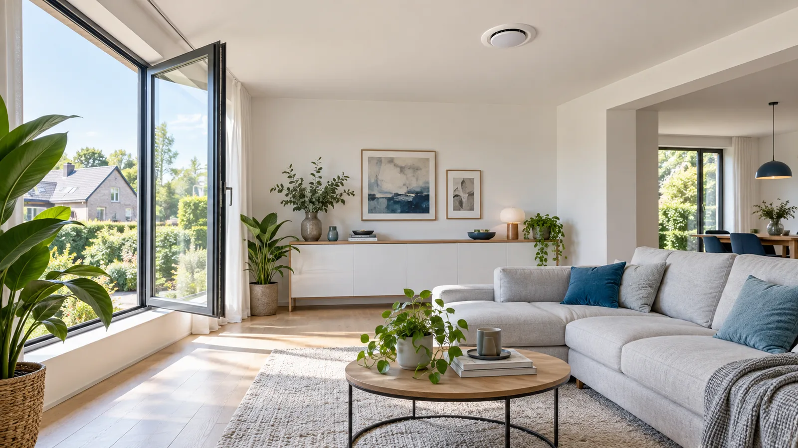 Salon lumineux avec une bouche de ventilation discrète au plafond