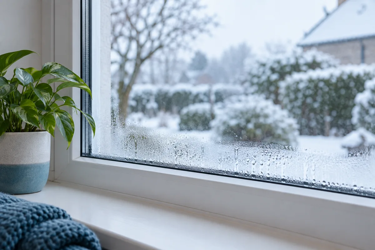 Condensation sur le bas d'une vitre en hiver